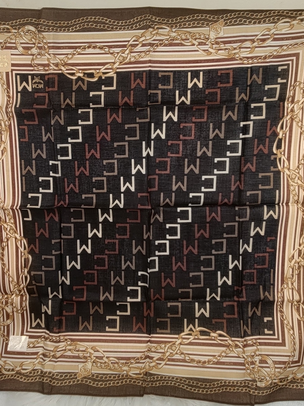 NWT MCM Brown, Black & Gold Logo Chain-Print Pocket Square
